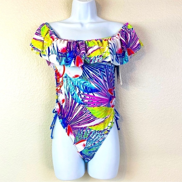 TiniBikini Tropical Palm Off The Shoulder Ruffle One Piece Swimsuit Size M - Picture 1 of 7